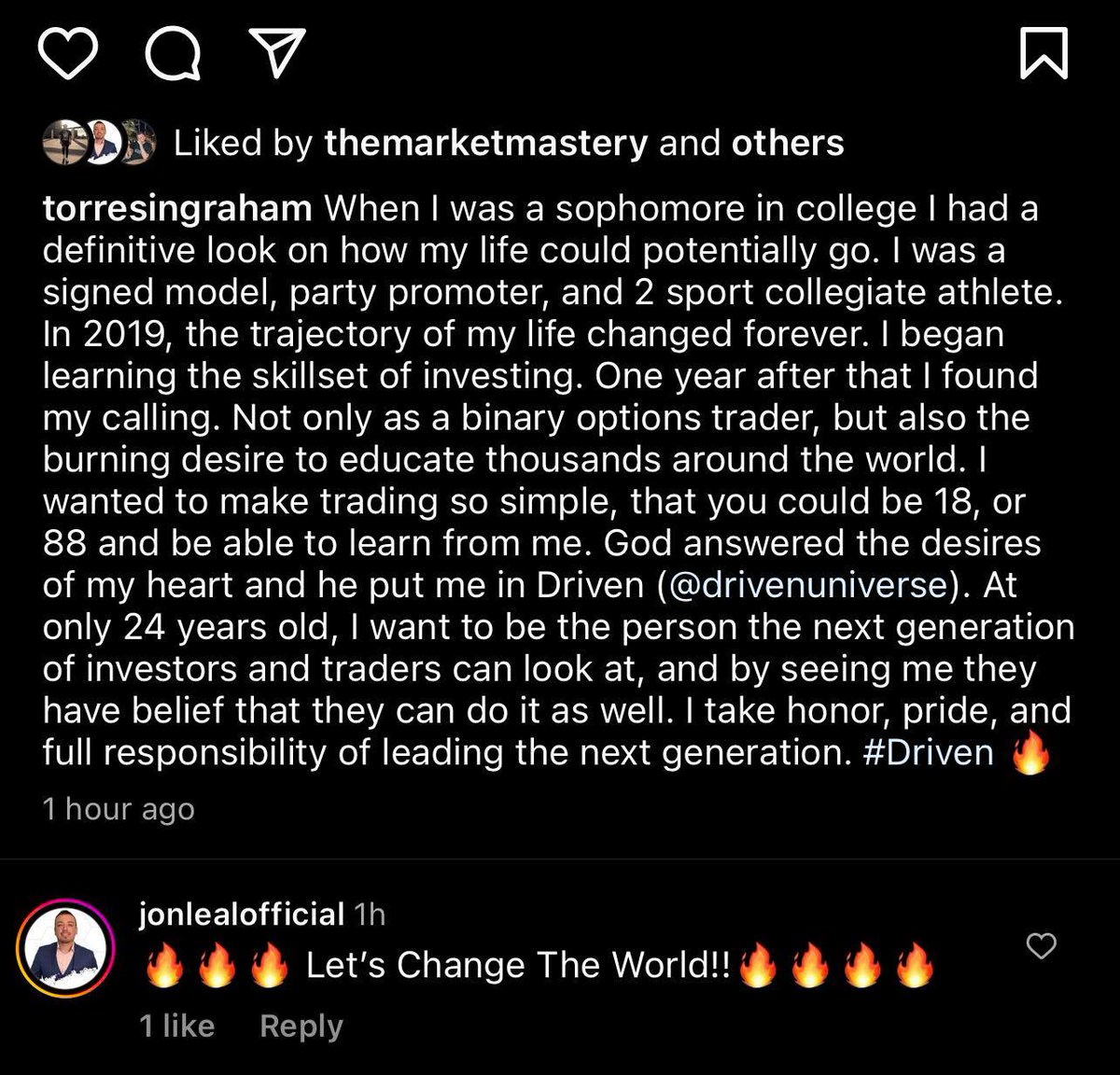 drivenuniverse's tweet image. It takes a unique heart to make your life’s mission to empower others. Yet that is a common trait we can find not only in our trading team and our corporate team but also in our community. Thank you @torresingraham for sharing your amazing skills with our community. 🔥