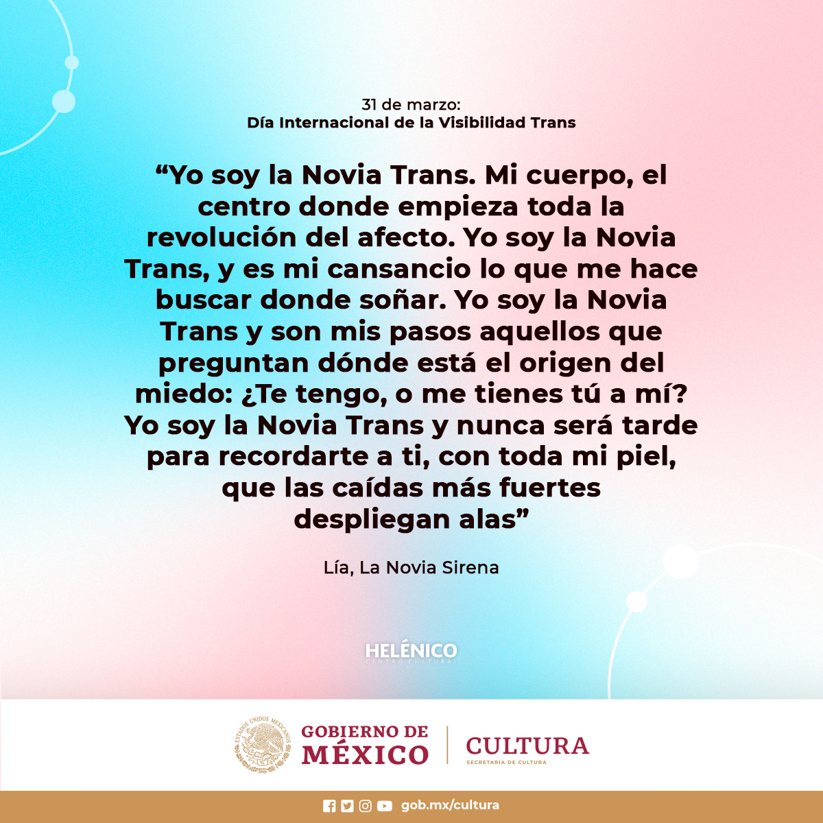 🏳️‍⚧️Día Internacional de la Visibilidad Trans🏳️‍⚧️

El día de hoy honramos la existencia de las personas transexuales y, en un grito de ternura, recordamos que las vidas trans importan.
