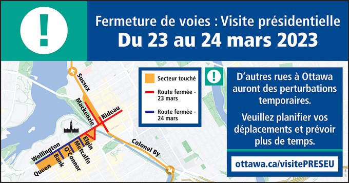 Carte illustrant les fermetures de routes pour la visite présidentielle.Cliquez sur le lien qui figure dans le message pour obtenir plus de détails. 