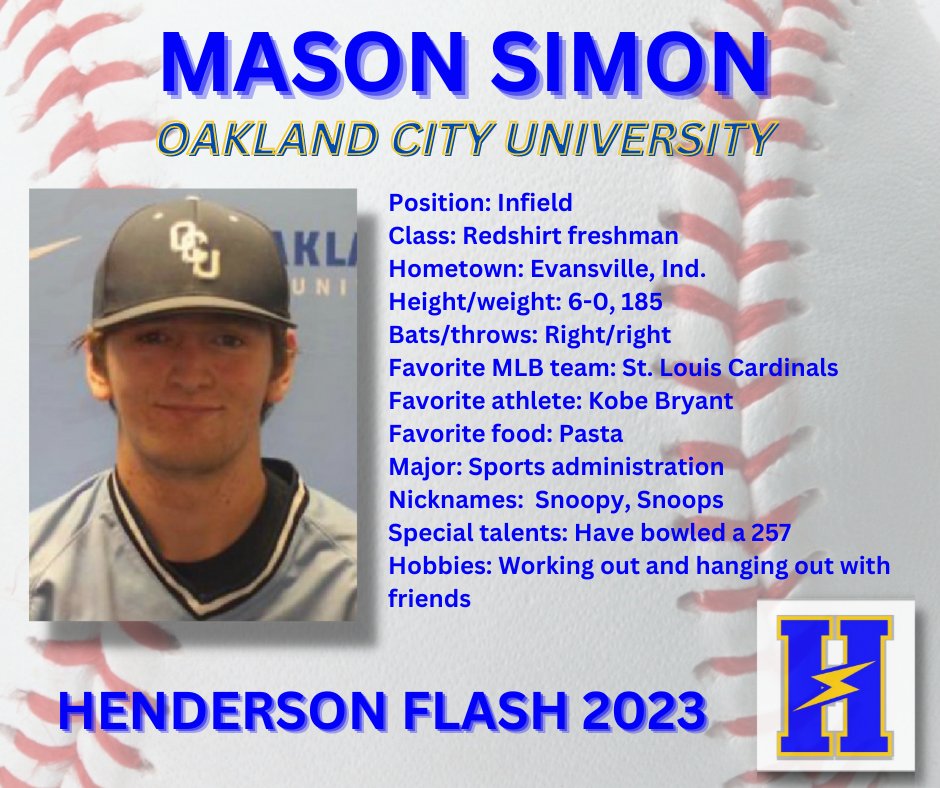 Mason Simon, who played his high school baseball at Evansville Central, is the next player we will introduce from our 2023 roster. Mason, who is a redshirt freshman at Oakland City, has started 16 of 28 games for the Mighty Oaks who are currently 20-8. <a href="/masonsimon9/">MasonSimon</a> #FlashFam