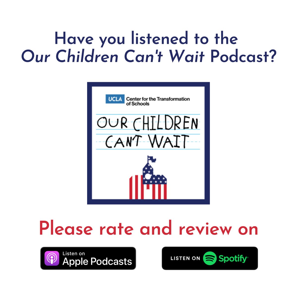 ctschoolsucla's tweet photo. Passionate about educational equity? #OurChildrenCantWait podcast hosted by CTS Executive Director @joepbishop includes weekly guests that discuss topics spanning from #WholeChildEducation to #RacialJustice. Rate and review on Apple Podcasts and Spotify today! https://t.co/NC761Iyro4