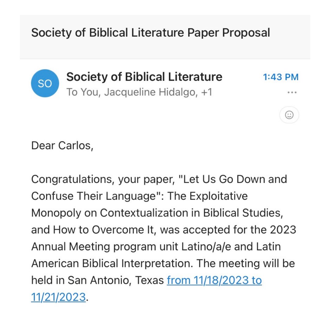Last week, I wrote and submitted my first-ever paper proposal for the upcoming #SBLAAR conference. Today, I received an email notifying me that my proposal was accepted!

Thank you, Dr. @jaxhidalgo and Dr. Ruiz, so much, for taking a chance on me… (1/2)