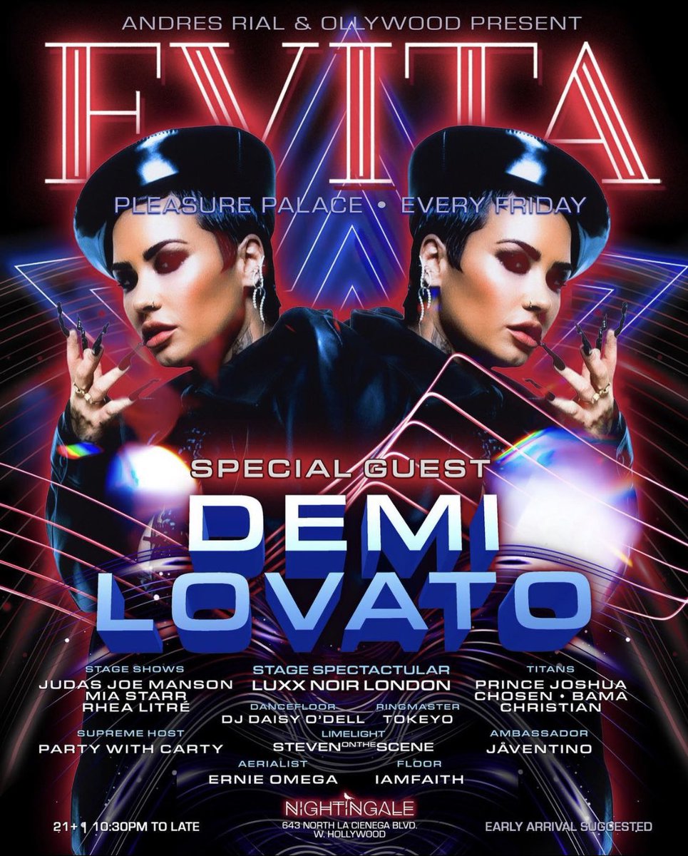 RheaLitre's tweet photo. FRIDAY NIGHT STAGE SHOW: #EVITAPARTY w @ddlovato @luxxnoirlondon x more! https://t.co/sJ4TXh0paE