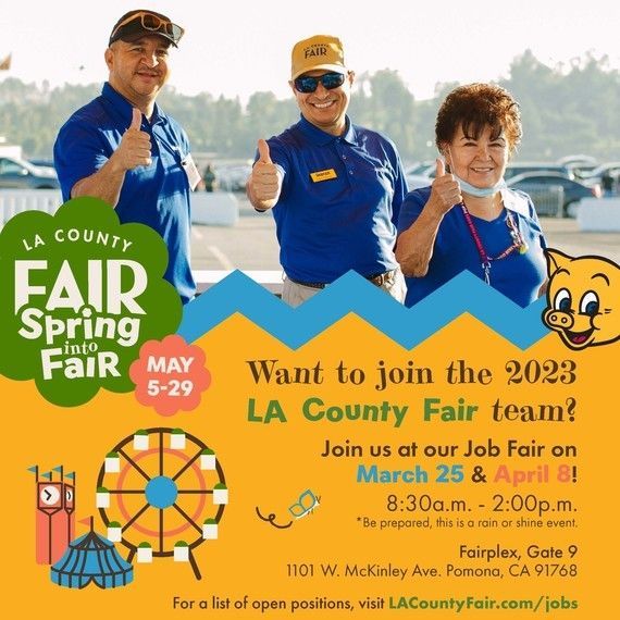 LACo_DPSS's tweet photo. The LA County Fair is a few months away, but hiring is happening now! Come out their job fairs on Saturday, March 25 and Saturday, April 8, 8:30am-2:00pm, at the Fairplex (Gate 9). Learn more at https://t.co/hq3pLZYu5w. 

#LACountyFair #Fairplex #job #jobfair @CountyofLA https://t.co/C7SXnSmEEW