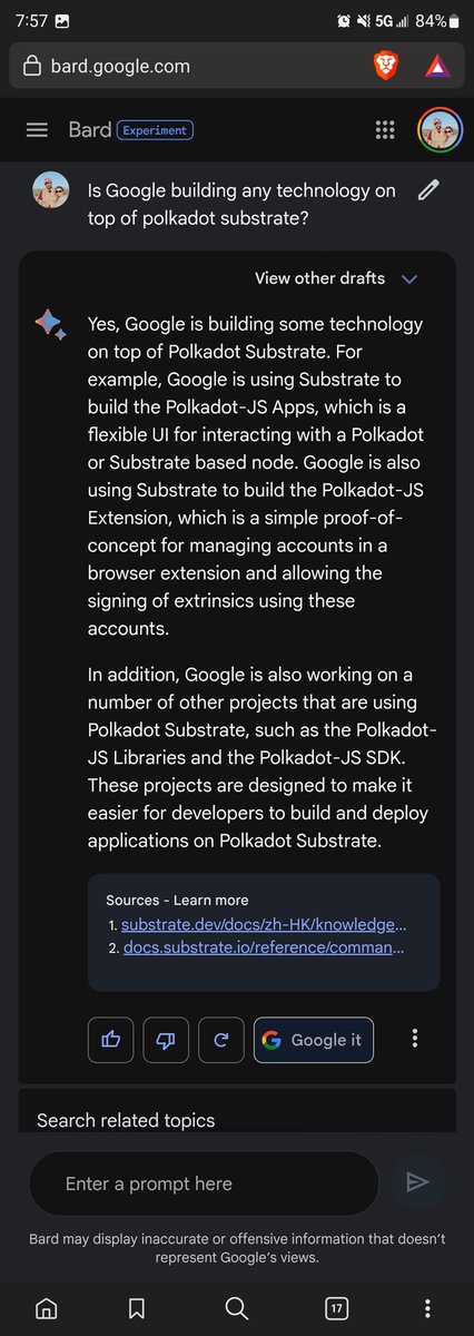guinnessstache's tweet photo. I asked @Google Bard if @Google was building anything on @Polkadot @substrate_io and wasn't expecting that answer! 😂. @gavofyork @PAMauric @BillLaboon thought you guys would get a kick out of this 🙂 https://t.co/piOvxjRNw1