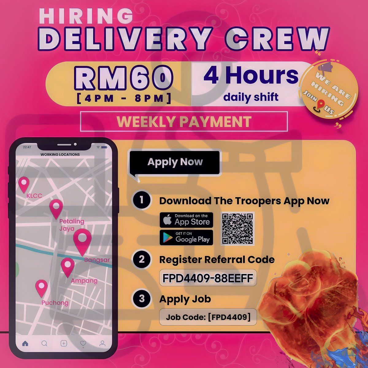 We're hiring 600 food delivery crews! Earn RM60 for 4 hours of work. Work from 4pm to 8pm, March 22 to April 24. PM me for details! #fooddeliveryjobs #parttimejobs #TroopersRamadhanDeliveryCrew2023 #RamadhanSpecial #SpreadTheGoodness #TroopersMalaysia #MalaysiaGigJob