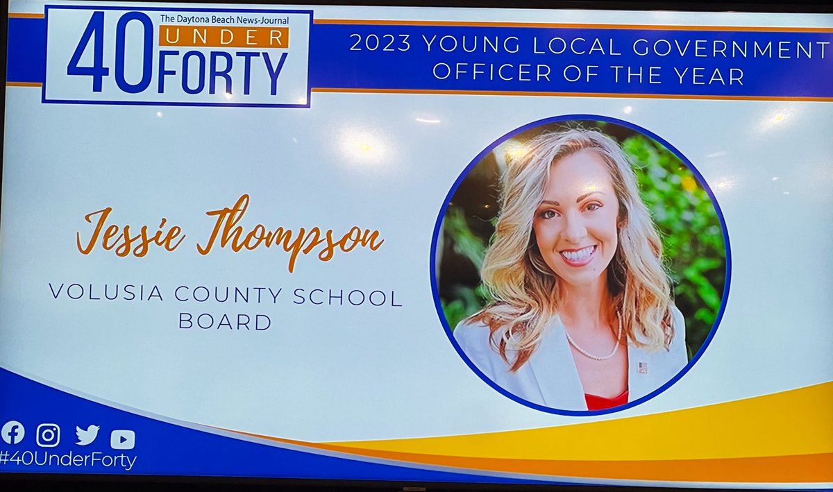 volusiaschools's tweet photo. Congratulations to @volusiaschools Board Member @VCSThompson  on earning this Year’s Young Local Government Officer of the Year by the @fortyunderforty Organization! #LeadingWithGraceAndRespect #VCSPride #WellDone https://t.co/8jkxeYeAKF