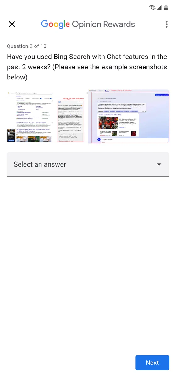 screenshot of a Google opinion rewards survey about bing chat. there's two screenshots indicating how bing chat looks like. and the prompt asks me if i've used the bing chat feature in the past two weeks