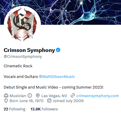 CrimsonSymphony's tweet photo. We are official now that @Elon blessed us with a blue checkmark haha! Cool logo by the legendary @mark_molchan . Our debut track "Empty" will be coming out everywhere on planet Earth June 18, 2023. More to come very soon! https://t.co/21jBI32s8T