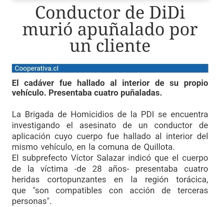 Otro #conductorapp MUERTO,la solucion esta en sus manos  <a href="/chile_didi/">DiDi</a> <a href="/Uber_Chile/">Uber Chile</a> <a href="/Cabify_Chile/">Cabify Chile</a> <a href="/inDriveLatam/">inDrive Latam</a> activar Art 5 J #leyeat tambien necesitamos el apoyo y voluntad <a href="/JuanCaMunozA/">Juan Carlos Muñoz Abogabir</a> <a href="/MTTChile/">Ministerio de Transportes y Telecomunicaciones</a> <a href="/SubsecTrabajo/">Subsecretaría del Trabajo</a> <a href="/OITconosur/">OIT ConoSur</a> <a href="/SubPrevDelito/">Subsecretaría de Prevención del Delito</a> <a href="/GobiernodeChile/">Gobierno de Chile</a> esperamos reunirnos