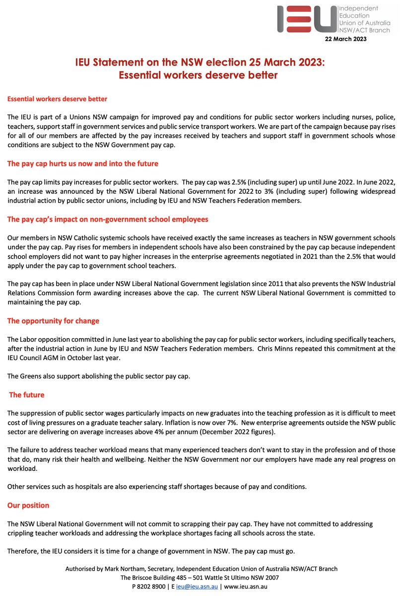 MrMCimino's tweet photo. Statement from the @IEUNSWACT re: the NSW State Election. #nswpol #auspol https://t.co/pKKR0kSk9L