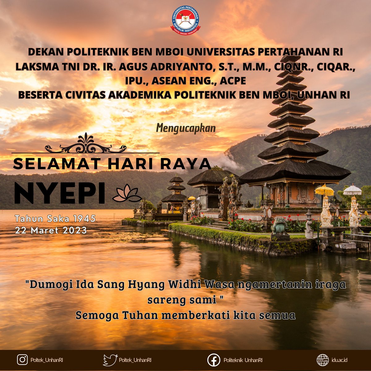 Poltek_UnhanRI's tweet photo. Selamat Hari Raya Nyepi https://t.co/4obvDoCBKF