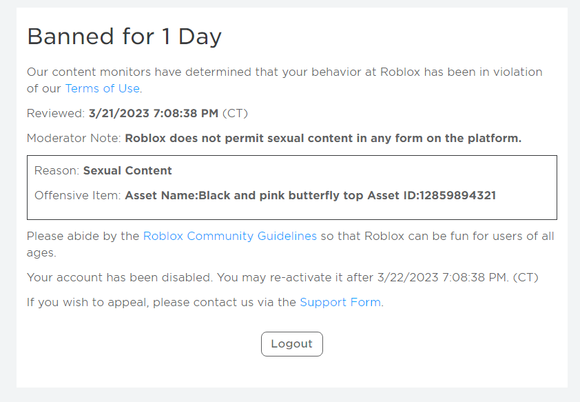 Rainbwkat3's tweet photo. Are you fucking kidding me.

I GOT BANNED SECONDS AFTER I UPLOADED IT, PEOPLE UPLOAD THIS KIND OF SHIT EVERYDAY HOW TF IS THIS-

@Roblox #roblox #robux #robloxdown #robloxmoderation #robloxissues https://t.co/gVmjOKhRr7