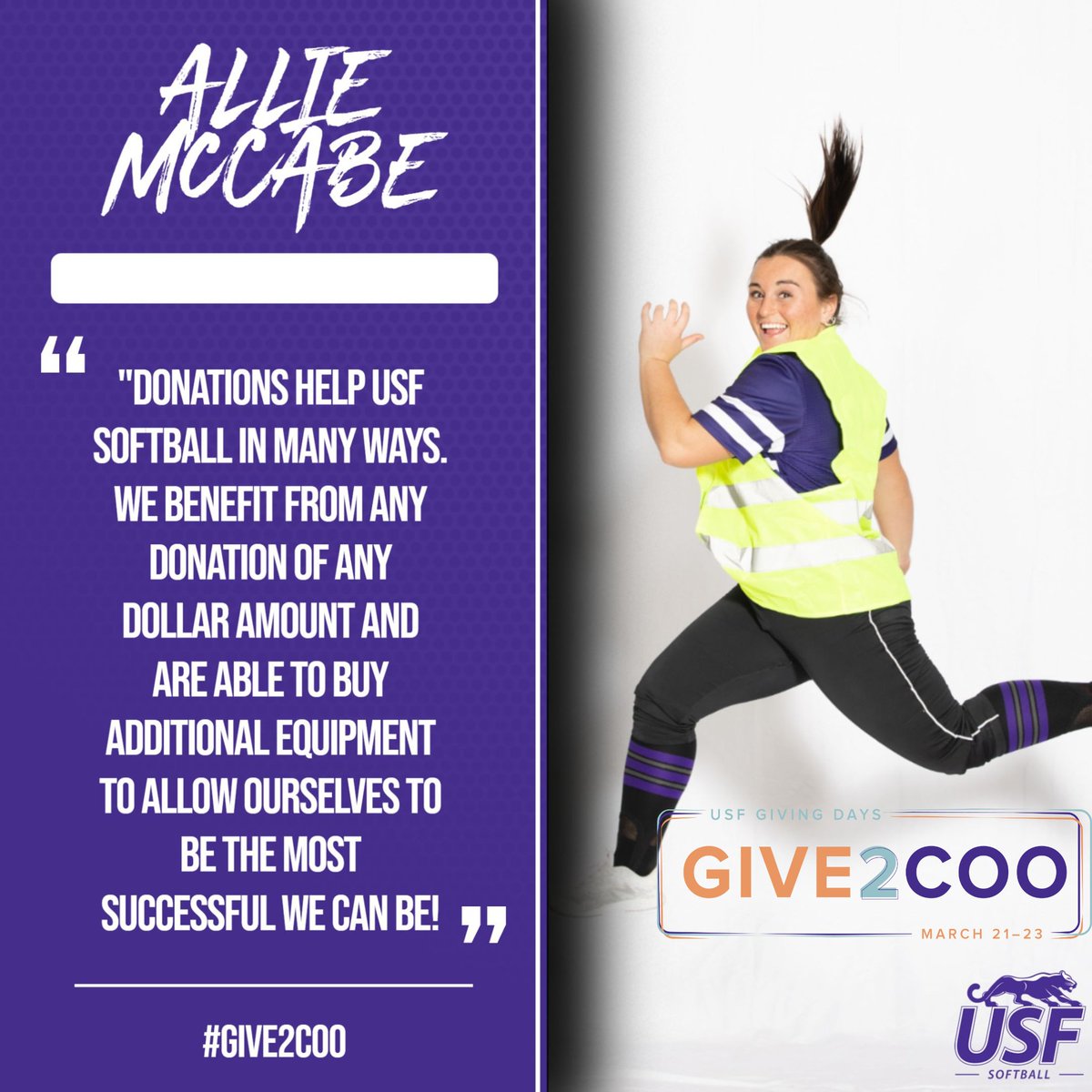 USFCougarsSB's tweet image. IT'S HAPPENING! 

#InHerOwnWords why your donation helps USF Softball! #Give2Coo: tinyurl.com/r7t5c6tf.