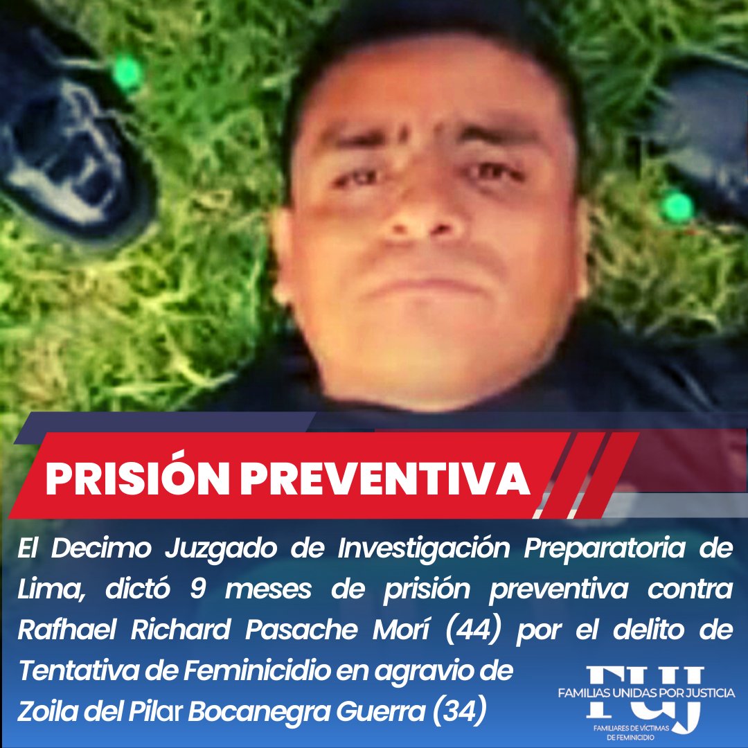 FamiliasNi's tweet photo. #FujTeInforma 🚨

El Juzgado de Investigación Preparatoria dictó nueve meses de prisión preventiva contra Rafahel Richard Pasache Mori por el delito de Tentativa de Feminicidio en agravio de Zoila Bocanegra Guerra quien se encuentra hospitalizada tras haber sido apuñalada 6 veces https://t.co/jXM9Nr1H7u