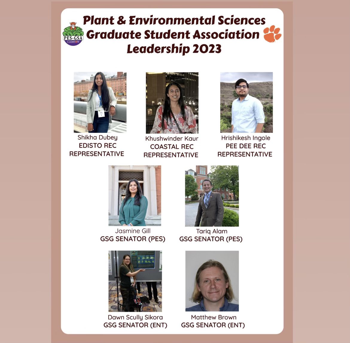 Clemson University PESGSA (@clemsonpesgsa) on Twitter photo Presenting the PES-GSA team for the term 2023-2024… Let’s give a warm welcome and congratulate the leaders who are representing us this year!!! 😊 <a href="/ClemsonCAFLS/">Clemson CAFLS</a> <a href="/ClemsonGSG/">Clemson Graduate Student Government</a> Presenting the PES-GSA team for the term 2023-2024… Let’s give a warm welcome and congratulate the leaders who are representing us this year!!! 😊 <a href="/ClemsonCAFLS/">Clemson CAFLS</a> <a href="/ClemsonGSG/">Clemson Graduate Student Government</a>