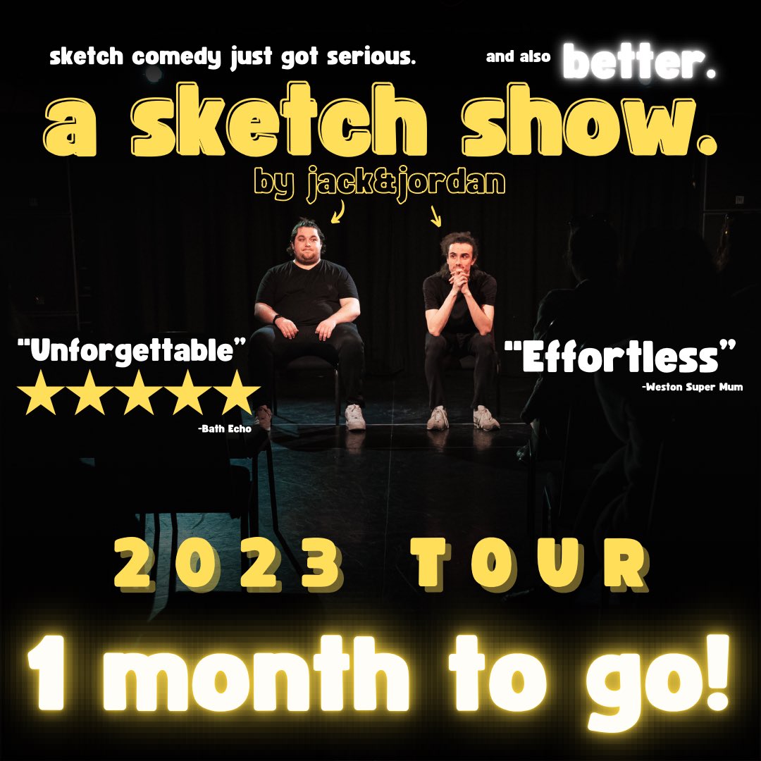 🚨 PSA: 1 month until we hit the road on our 2023 tour of A Sketch Show! 🚨 🚂 All aboard! Calling at Bristol, Street, Falmouth, Weston-super-Mare, Devizes, Bath and returning back to Bristol! ⚠️ Mind the gap between us and the next best sketch comedy duo in town…