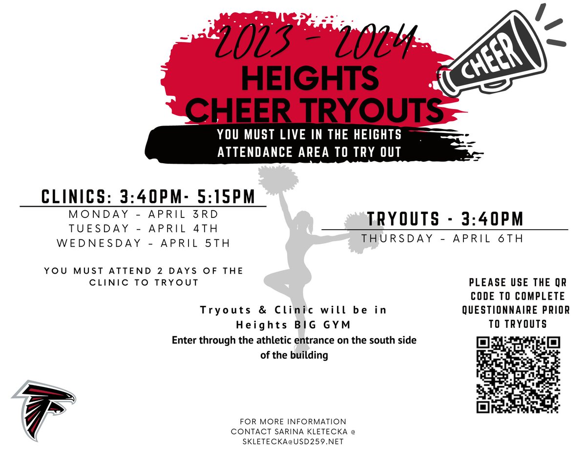 Don't miss your chance to try out for the best voted Wichita large school Cheer Squad!!! Scan the QR code and fill out the questionnaire!!!