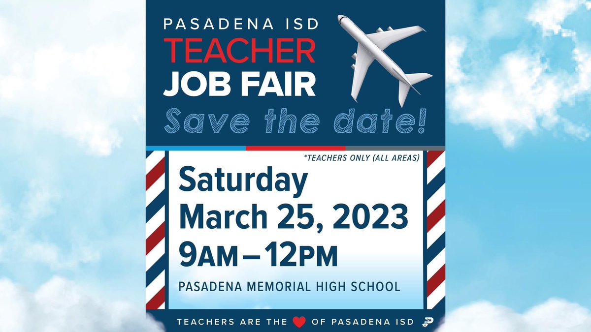 Pasadena Independent School District is excited to announce that we will be hosting a Teacher Job Fair on March 25th at Pasadena Memorial High School from 9am-12pm. We are seeking talented and dedicated educators to join our team!