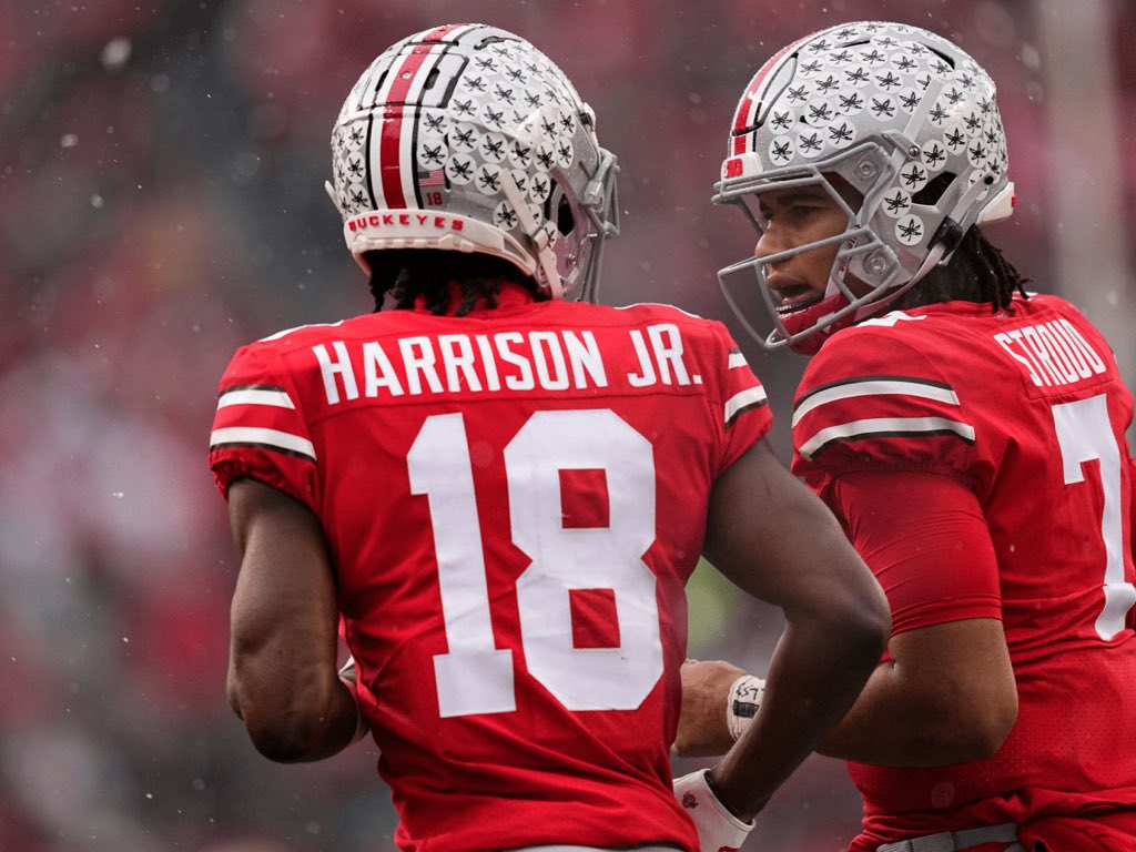 MLFootball's tweet photo. OH HERE WE GO: Ohio State Buckeye All-American wide receiver Marvin Harrison Jr. is expected to be one of top-ranked QB CJ Stroud's receivers during his scripted throwing session, per @AlbertBreer.

Teams in attendance will get an early look at the likely top 5 pick in the 2024 #NFL draft. 

👀👀👀