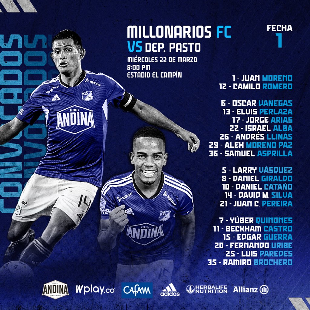 Nómina de convocados para el partido ante Deportivo Pasto. Regresa Andrés Llinás y se suma por primera vez Beckham David Castro Ⓜ️🏟️
