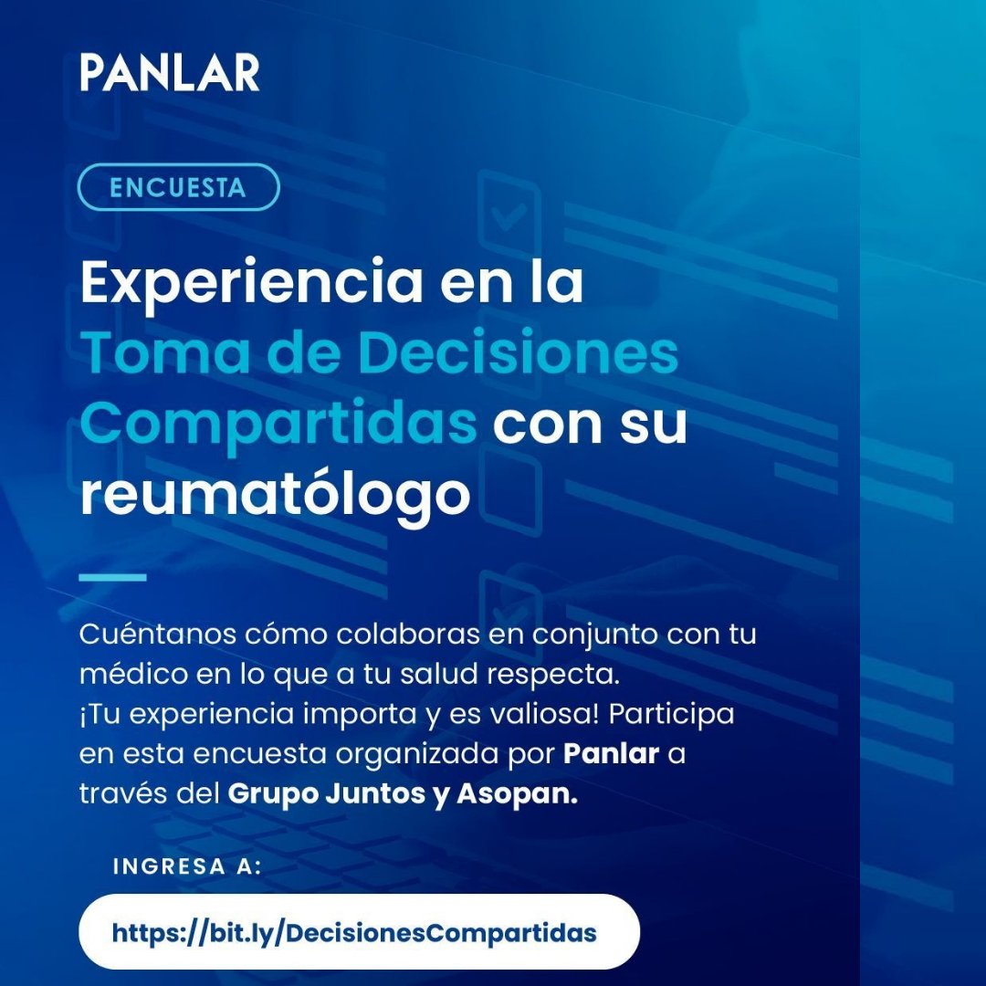Lupus_Chile's tweet photo. .@panlarleague con el apoyo de @redasopan están invitando a los pacientes reumáticos del continente a participar de esta investigación que busca conocer sobre las decisiones compartidas con tu reumatólogo. 

Para participar en la encuesta haz clic en: https://t.co/FNMy4QEGRT https://t.co/CVSiclbsMJ