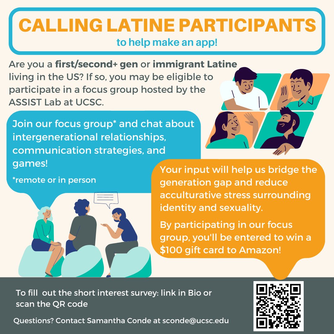 SamConde615's tweet photo. Calling all Latine! Join my focus group and chat about intergenerational relationships, communication strategies, and games.

Fill out this survey if interested:
https://t.co/CE3g5Vh4Vr https://t.co/vssxyUWqB1