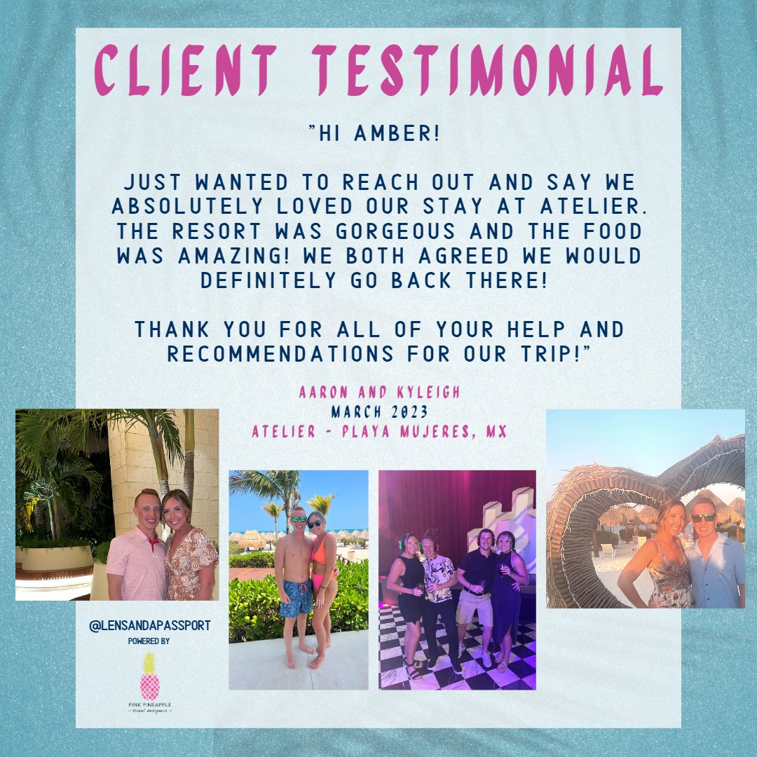 #ThankfulTuesday
Thank you A+K for allowing me to assist with your trip.  

#bookedwithAmber #traveldesigner #clientreview #honeymoontravel #travelspecialist #voyage #passporttravel #mexicospecialist #couplesgetaway #luxurytraveladvisor #travelexpert #clientlove #lensandapassport