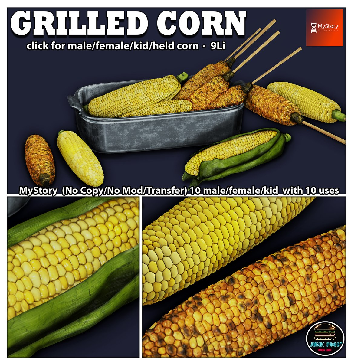 Grilled Corn Set 9li Tray and 1-2 li corn cobs. Grilled and regular cobs included. Click for male/female/kid/held corn cobs to enjoy. MyStory Version also out, male/female/kid eating with 10 cobs with 10 uses. @ N21
maps.secondlife.com/secondlife/N21… #SecondLife #secondlifeshop #slshop