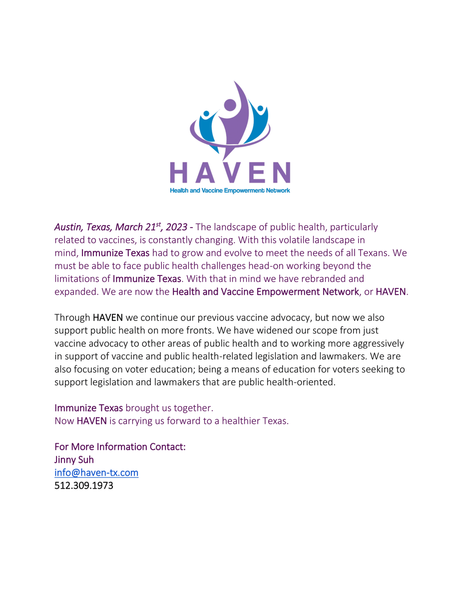HAVENTexasUS's tweet photo. ANNOUNCEMENT!📣
Many of you may have noticed that our handle hasn't matched our name for the last few weeks. We have been in the process of transitioning and we're finally ready to announce our formal rebranding as the Health and Vaccine Empowerment Network (HAVEN). https://t.co/w7kDRBy0en