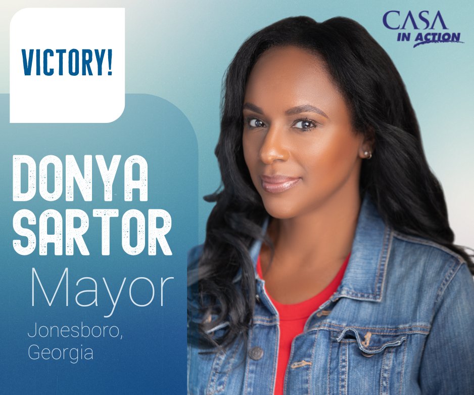 CASAinAction's tweet image. Another election victory under our belts: Dr. Donya Sartor is elected to be Jonesboro's mayor, making her the city's first Black mayor! 

CASA in Action canvassed 4,117 doors, speaking with 1,113 voters, resulting in record-breaking voter turnout. #ClaytonVotes #ClaytonConnected