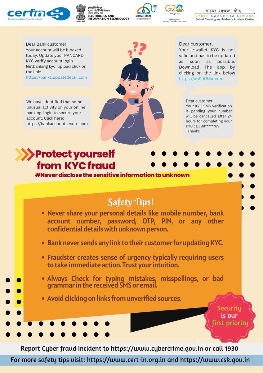 Safety tip of the day: Never disclose the sensitive information to unknown
@IndianCERT @mygovindia  #cyberswachhtakendra #staysafeonline #cybersecurity #G20India #g20dewg 
#besafe #staysafe #mygov #Meity 
#onlinefraud #cybercrime #scam #cyberalert #CSK #CyberSecurityAwareness