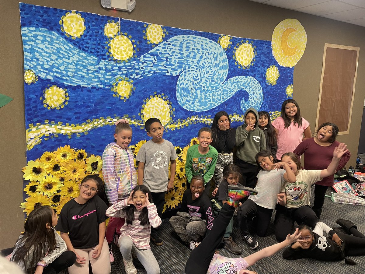 MsGarciaArt's tweet photo. The big reveal! It’s finished! A mix between Van Gogh’s Starry Night 🌟 and Sunflowers.  🌻  I’m so proud of my little artists and how hard they worked to finish this in time for Open House and Leadership day! #bresartclub #art @BRESBulldogs @RomolandSD https://t.co/EEUkwF9bdr