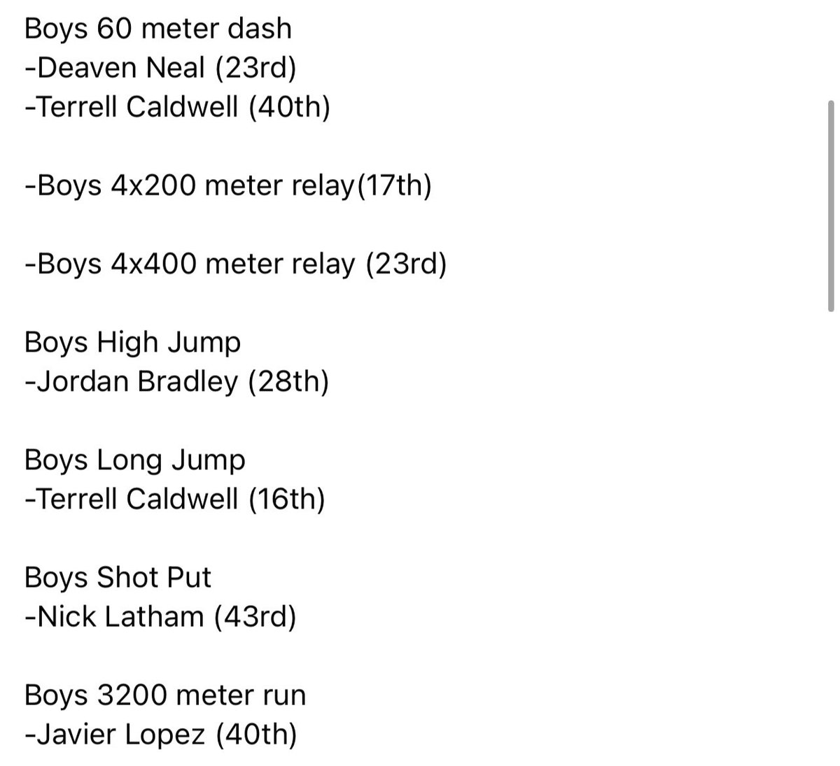 The following athletes are ranked in the top 50 of the small school division in the state of Indiana. The top 24 qualify for indoor state at Indiana University in Bloomington, Indiana on March 25th.