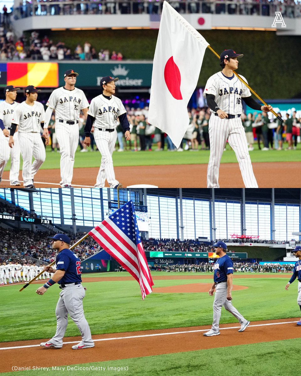 Mike Trout and Shohei Ohtani both led their teams out before the first pitch of the USA-Japan WBC Final👏

#WorldBaseballClassic