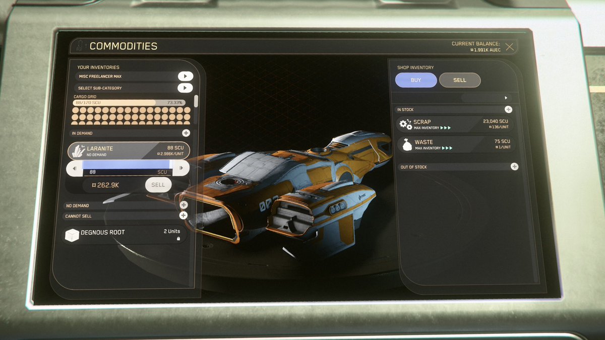 MojoFerocious's tweet photo. Wanted to see if the hotfix release helped. I had just offloaded a haul of laranite (with all my money tied up in it) just before the servers went haywire. Unable to call ships or use terminals. Glad I got it sold! 

#StarCitizen #FreelancerMax https://t.co/yCI7YPW8D4