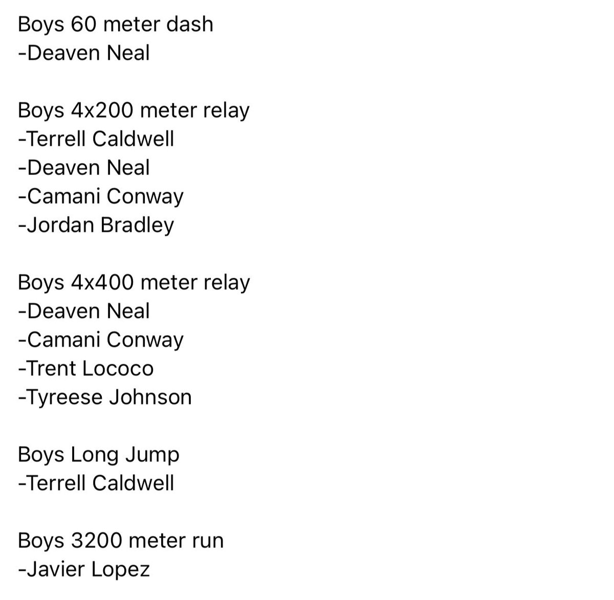 The following athletes have qualified for the small school division of the indoor state meet at Indiana University in Bloomington, Indiana on March 25th.