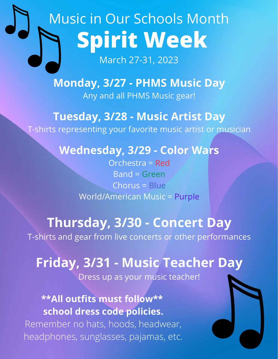 AllegrucciMusic's tweet photo. Can’t wait to see some @phmsbcps music pride at next week’s #MIOSM  spirit week hosted by our very own Tri-M Music Honor Society! @MusicBCPS https://t.co/THXsRe5ZUy