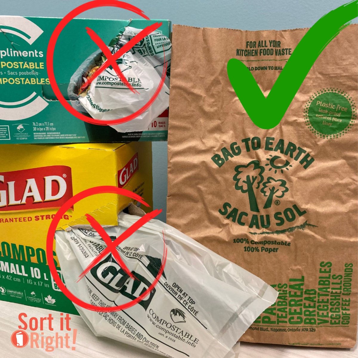 CityofPoCo's tweet photo. ICYMI: It's #SortItRight Week! ♻️ DYK compostable plastics aren't accepted in #PortCoquitlam green waste? They:
🚫 Create small pieces that animals can ingest
🚫 Cause equipment breakdowns
🚫 Look like regular plastic at sorting facility
Use paper bags or newspapers instead! ✅ https://t.co/3wY4gwuTmE