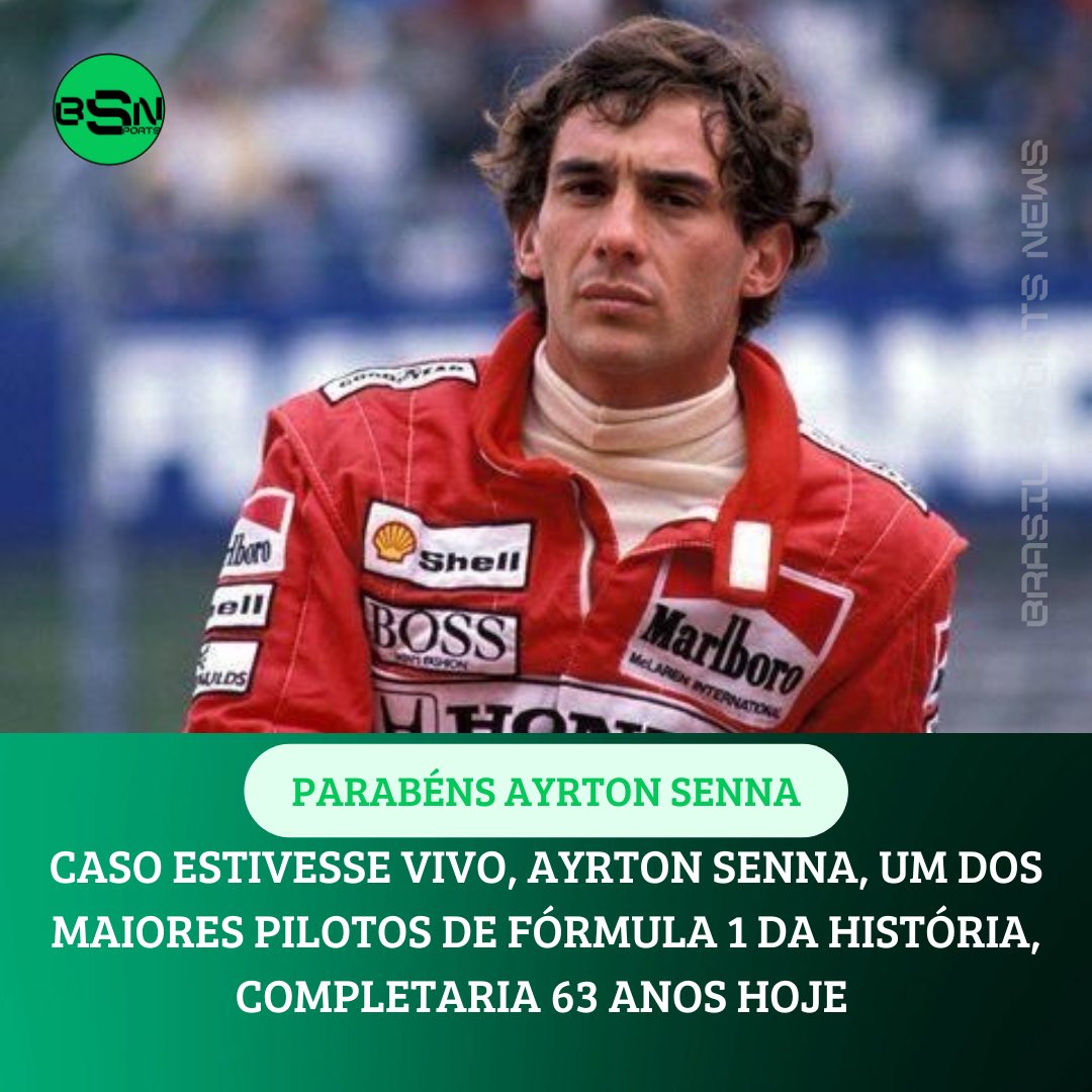 BSN_brasil's tweet photo. Ayrton Senna, o último brasileiro vencedor de um mundial de fórmula 1, tricampeão mundial e um dos maiores pilotos da história do automobilismo estaria completando hoje, 63 anos, caso estivesse vivo.

Senna morreu em 1994, após um grave acidente em um Grande Premio. https://t.co/z5ZQwKg09O