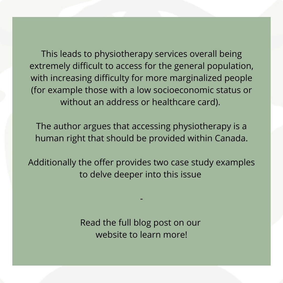 Check out our new blog: 
The Lack of Access to Physiotherapy Services in Canada is Unethical 

PT in Canada has many barriers from long wait-times to prohibitive costs, making this beneficial services inaccessible to many populations. 

Full article: 
justicecenteredrehab.wixsite.com/rehab/post/can…