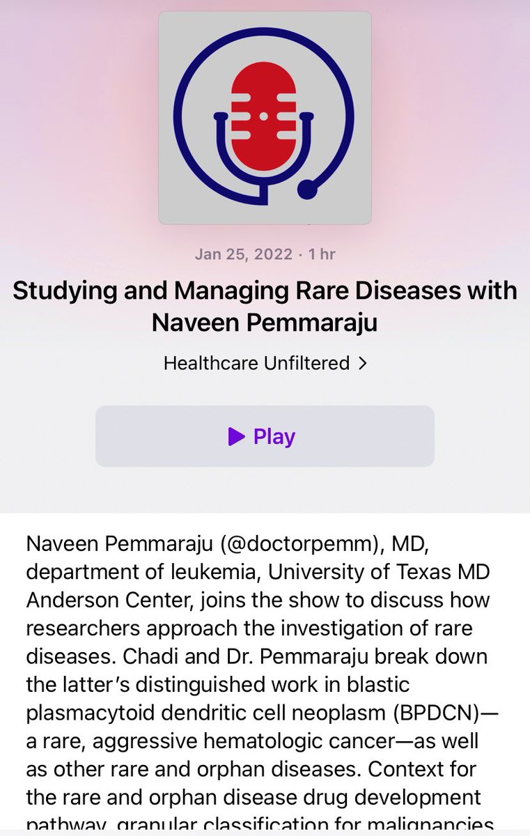 👉👉👉Check out my interview on “Studying and Managing #RareDisease with @chadinabhan on his outstanding #Podcast 👉 #HealthcareUnfiltered 

podcasts.apple.com/us/podcast/hea… 

🙏🏾 @chadinabhan , an honor to join you on your show ! #BPDCN #MPNSM #CD123