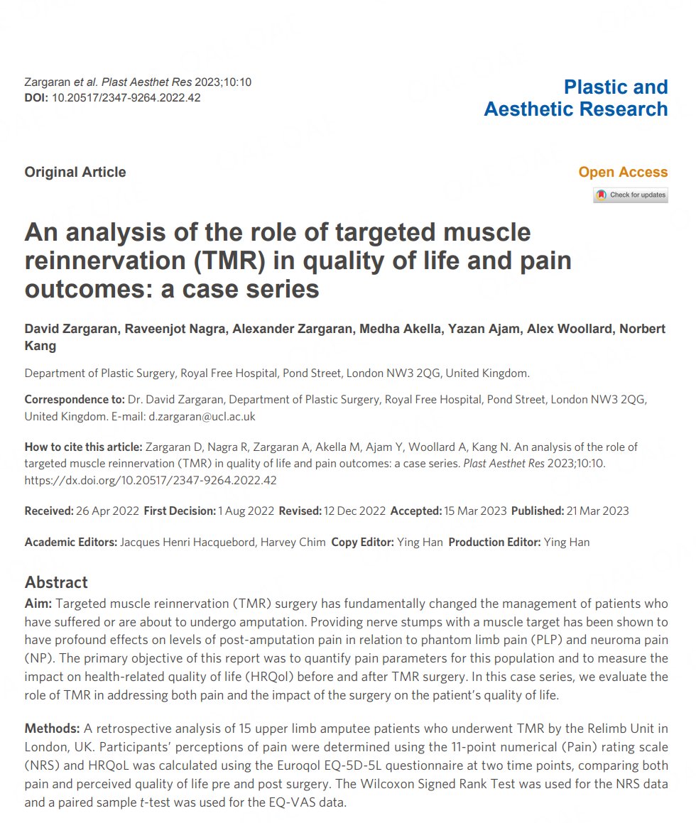 PARjournal's tweet photo. 🎉🎉Freshly baked article #Amputation #Reinnervation
Topic: An analysis of the role of targeted muscle reinnervation (TMR) in quality of life and pain outcomes: a case series
🤵Dr. David Zargaran's team
🔗https://t.co/3QvFM5u24I
🔖https://t.co/vullFuBZnO https://t.co/XPYjzmMS8s