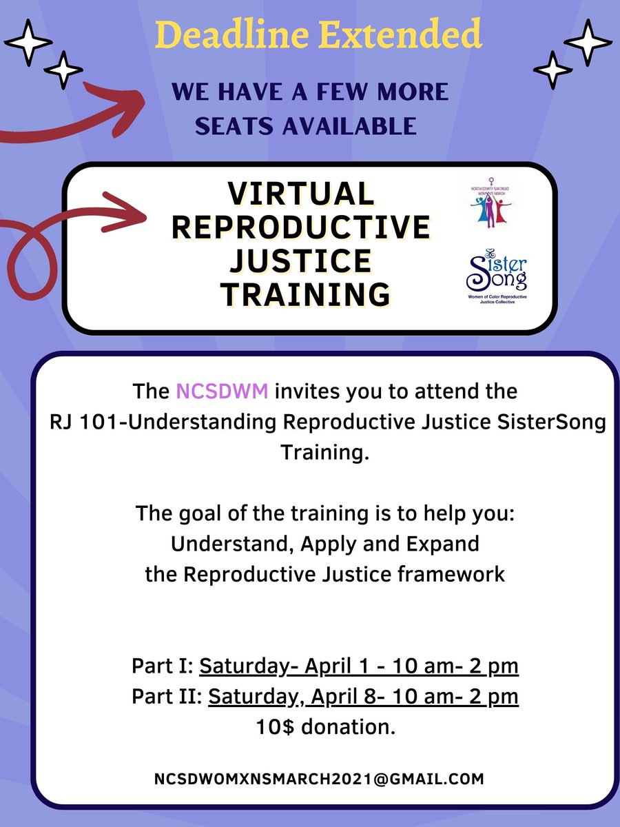 MarchNcsd's tweet photo. VIRTUAL Reproductive Justice Training- Sat April 1 &amp; Sat April 8
We have a few more seats Available!
Save your seat- Email us at: ncsdwomxnsmarch2021@gmail.com
10$ Donation #womxn #Womensrights #reproductivejustice https://t.co/KXOKvGs3SI
