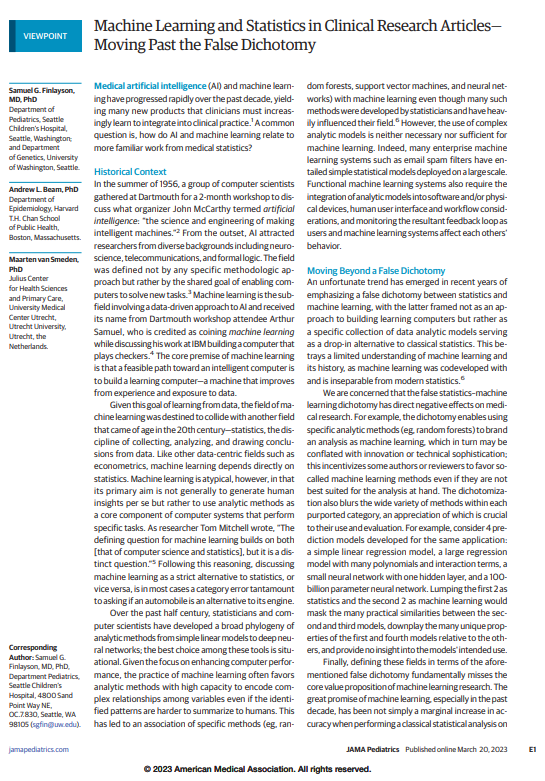 IAmSamFin's tweet photo. Viewpoint on Machine Learning and Statistics now out in @JAMAPediatrics, making our case against a false dichotomy and discussing some best practices.

Naturally, we now consider the ML vs Stats matter closed, and do not expect further confusion or debate
https://t.co/a1YgGKHcO6 https://t.co/7ugVrRXuwP