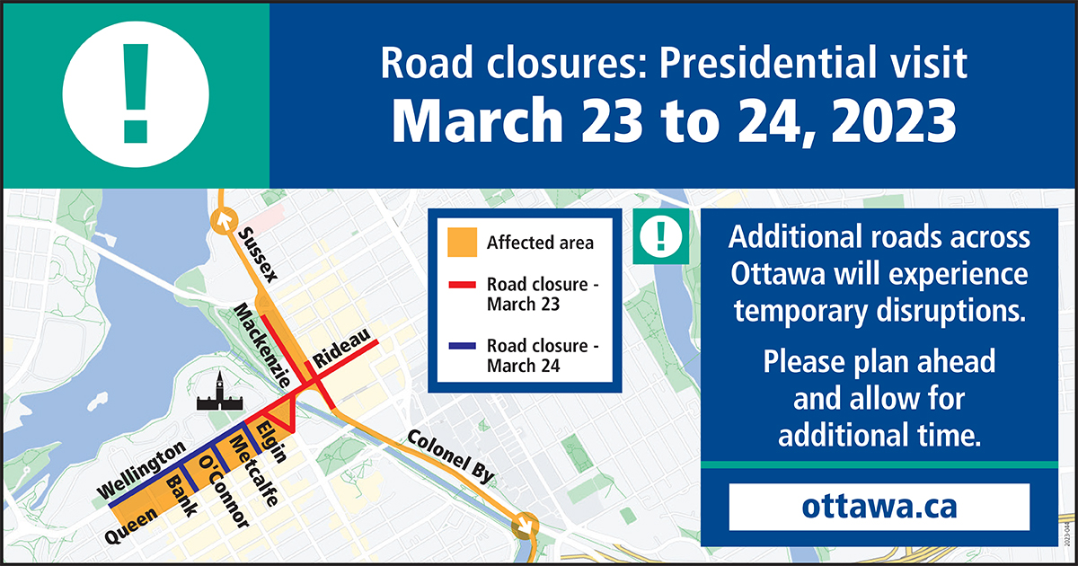 U.S. President and First Lady Biden are visiting #OttCity later this week! Significant traffic and transit impacts are planned for Thursday, March 23 and Friday, March 24.
Note: some temporary road closures are expected, including areas around <a href="/FlyYOW/">flyyow</a>.
bit.ly/403wjRq