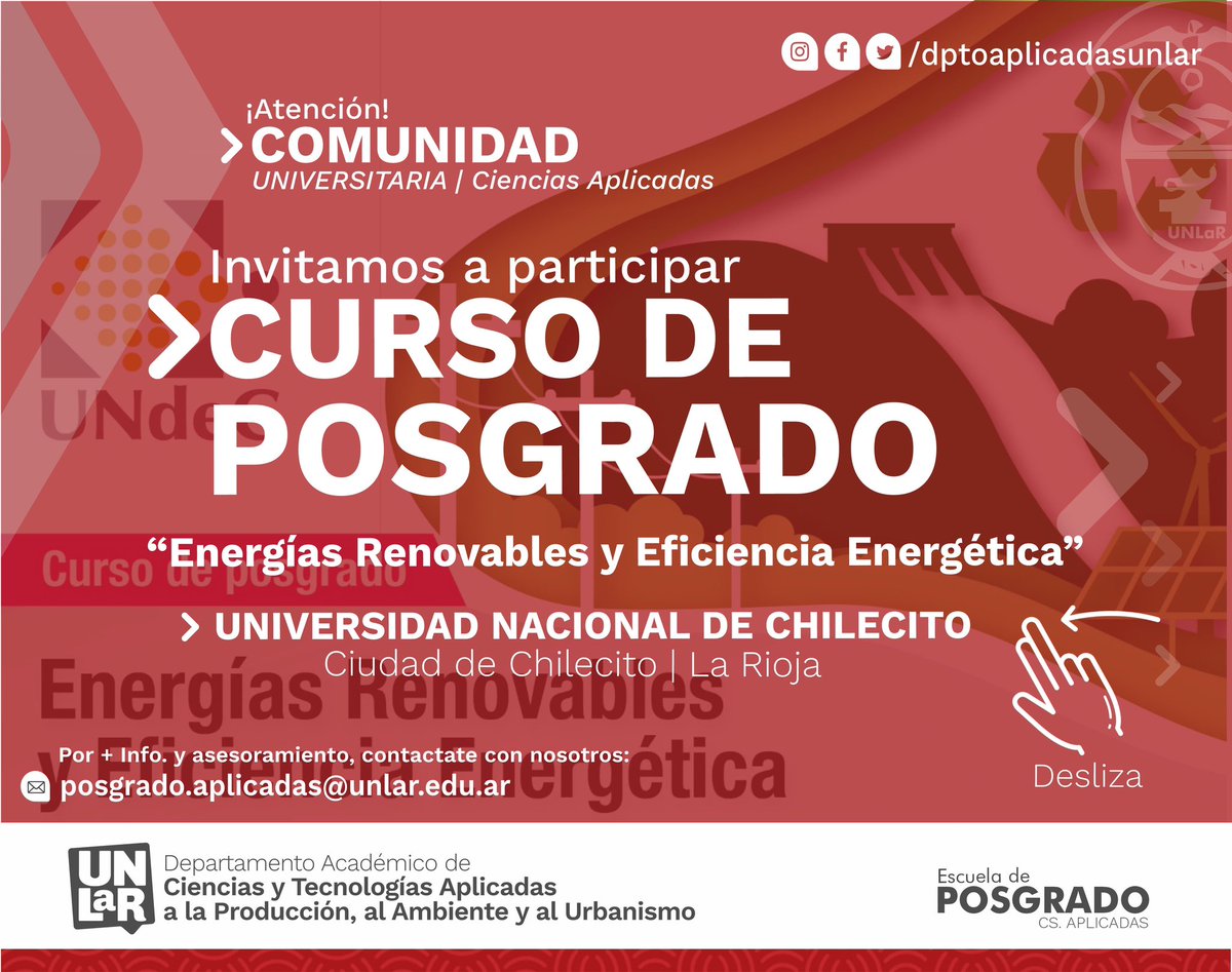 DptoUnlar's tweet photo. 🔺CURSO DE POSGRADO | Energías renovables y Eficiencia Energética 
 
+ Info. https://t.co/RCadZKBbw4

🔺Posgrado Aplicadas
🔺Gestión Aplicadas | 2023 https://t.co/oZ72hZg7jc