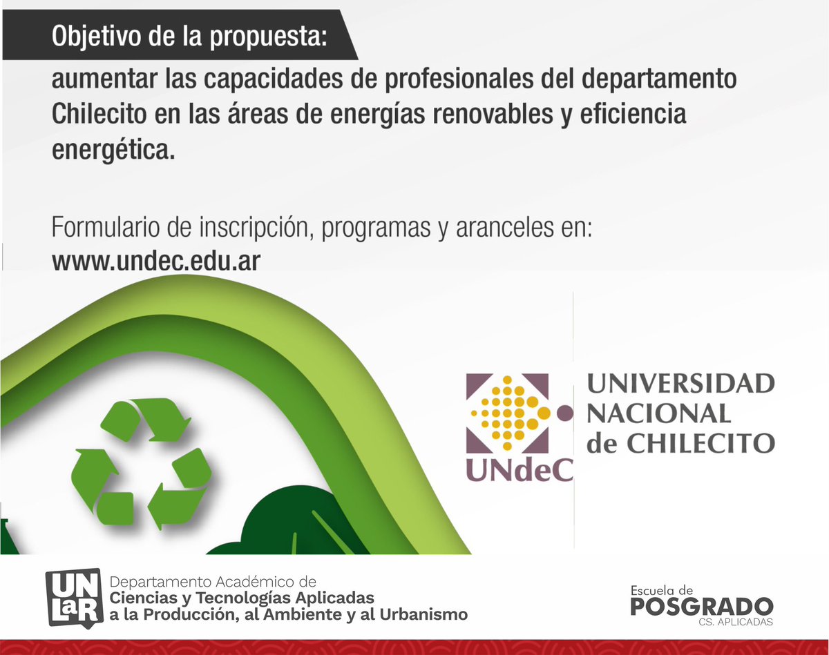 DptoUnlar's tweet photo. 🔺CURSO DE POSGRADO | Energías renovables y Eficiencia Energética 
 
+ Info. https://t.co/RCadZKBbw4

🔺Posgrado Aplicadas
🔺Gestión Aplicadas | 2023 https://t.co/oZ72hZg7jc