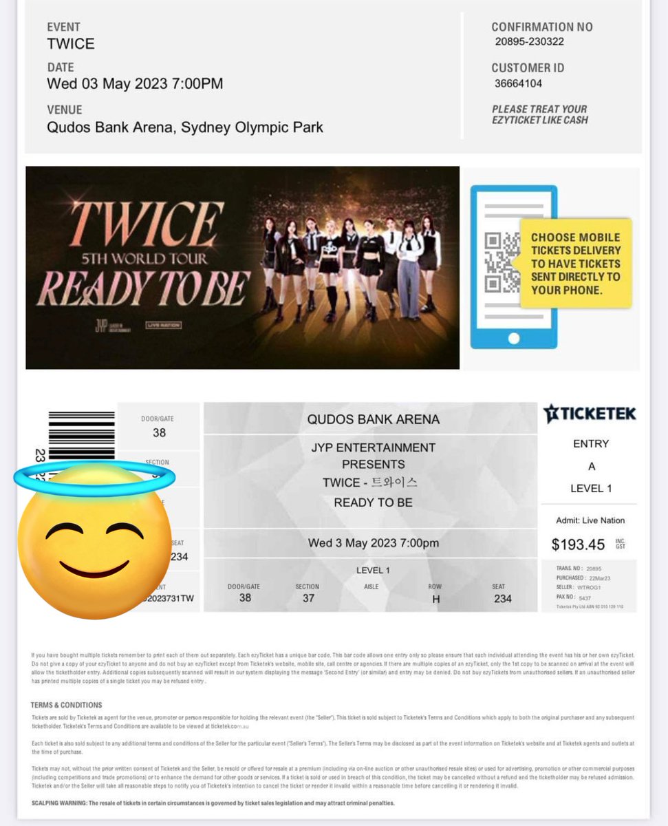 vingn1's tweet photo. SELLING #TWICE #TWICE_5TH_WORLD_TOUR IN SYDNEY TICKET. 

DM TO BUY. 

Section 38 row H https://t.co/FrTREUVwqA
