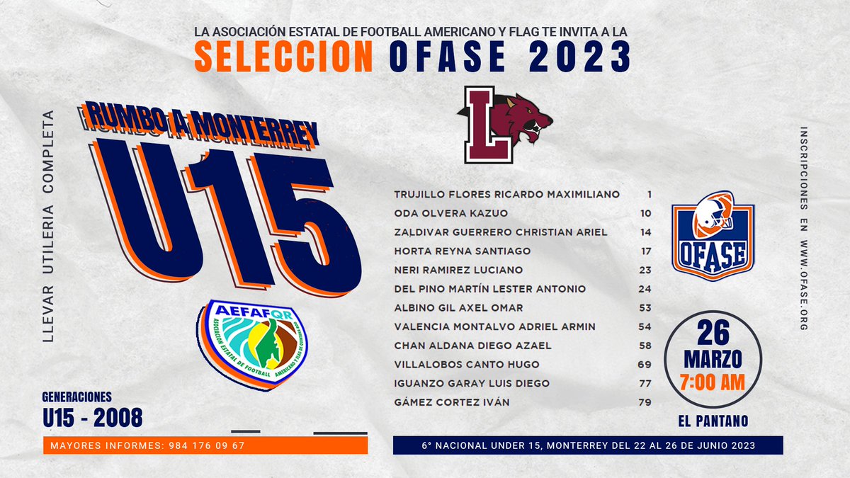 OFASEoficial's tweet photo. La AEFAFQR y la OFASE invitan a los jugadores de LOBOS ITM gen.2008 a que participen en el 6° Nacional U15 en Monterrey del 21-26 de junio

INICIO ENTRENAMIENTOS: 26 Marzo 7:00 AM PANTANO
"JUNTOS somos invencibles, está en ti decidir querer, o no querer"

https://t.co/WZVxmcHszH https://t.co/Op6IBwQl9U